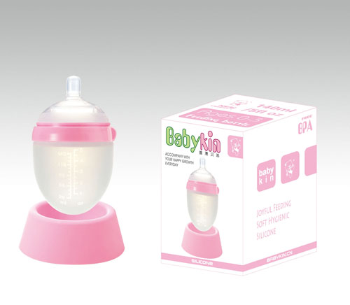 Babykin(貝沁)硅膠超寬口奶瓶140ml粉色