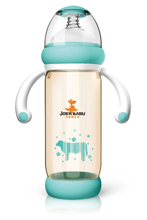 小袋鼠巴布PPSU防燙自動寬口奶瓶300ml綠色