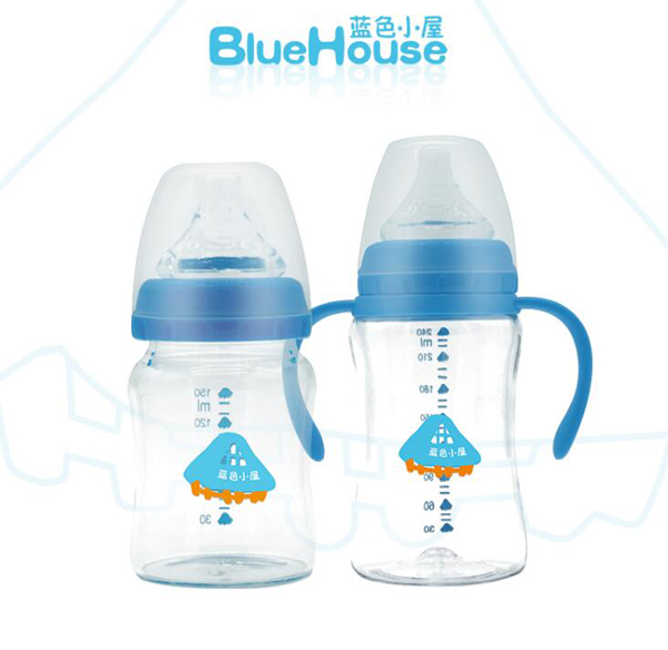 藍(lán)色小屋寬口玻璃弧形奶瓶